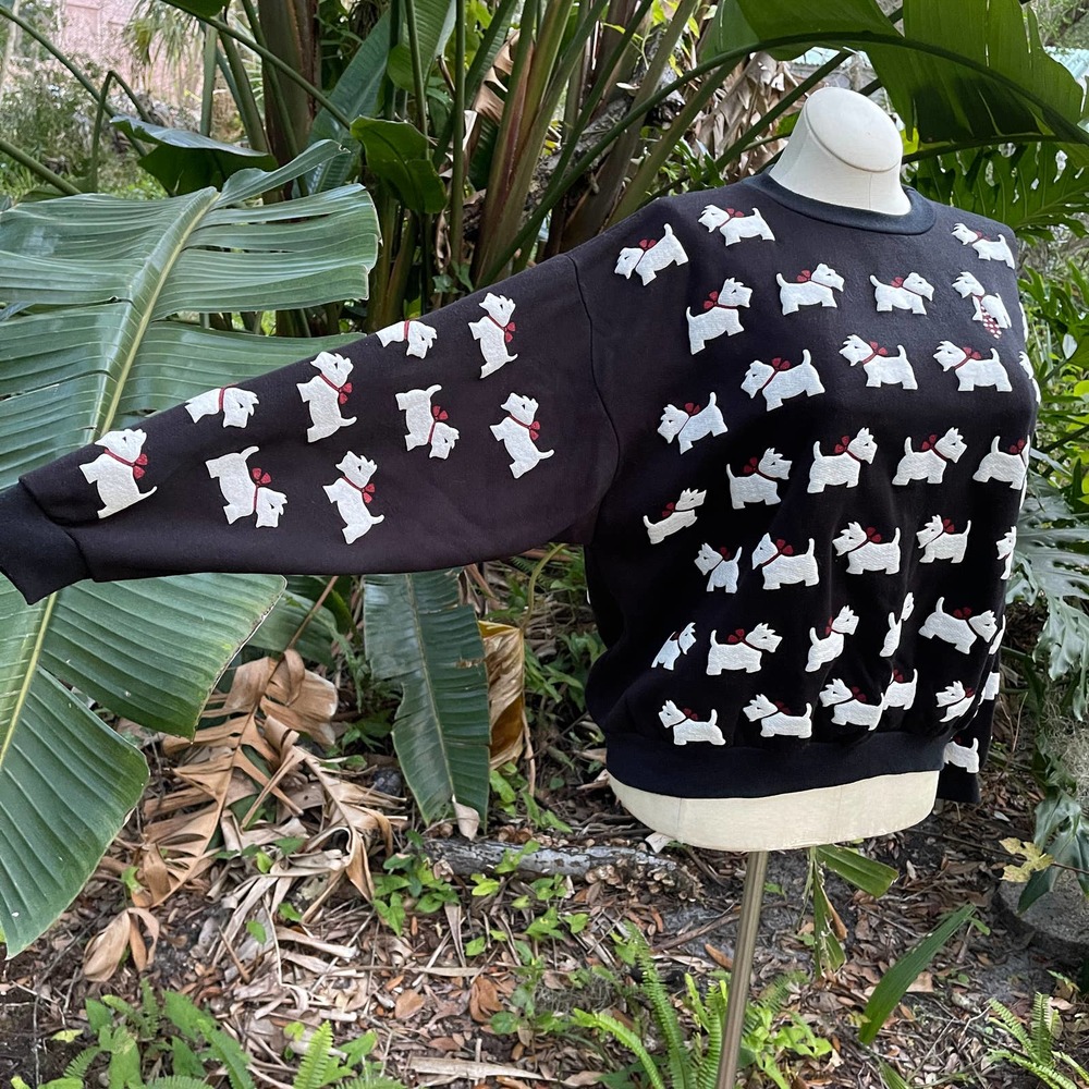 Vintage 80s Black Background with White Scottie Dog Pattern by Scoop Size L - Picture 2 of 9